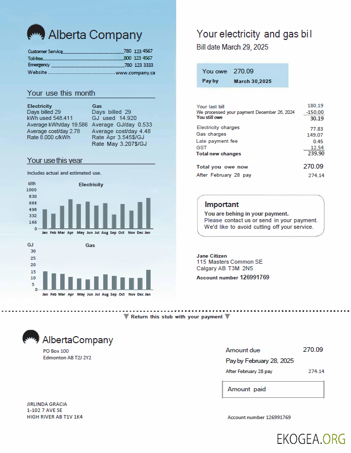Canada Alberta Company utility bill template in Word and PDF formats